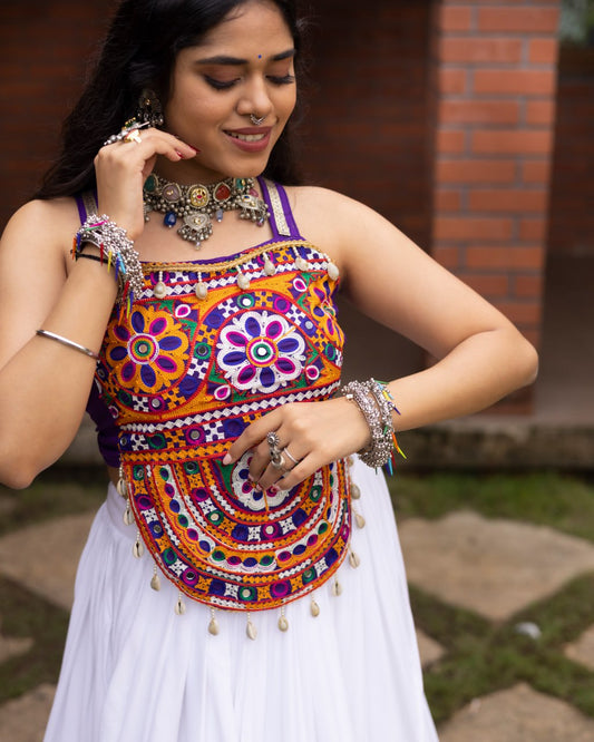 White Pure Rayon Cotton Patola Prints Muslin Patta Navratri Lehenga Choli