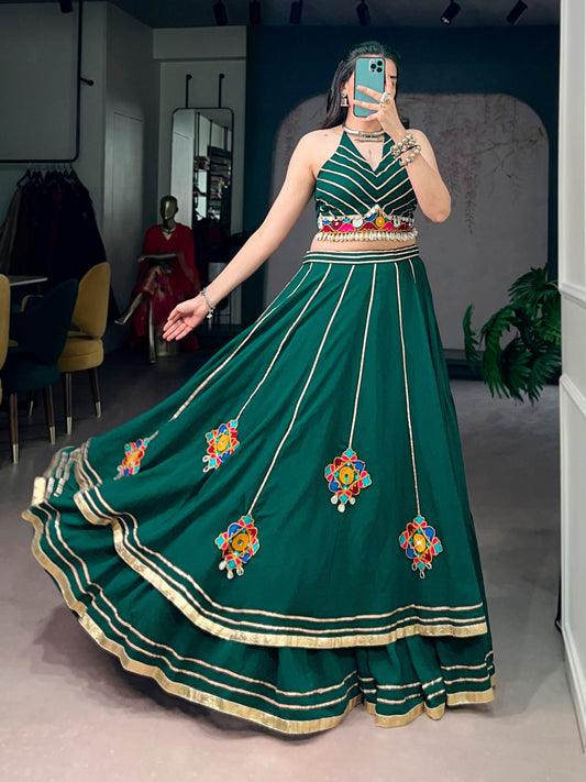 Bottle Green Lightweight Navratri Lehenga Choli with Gamthi Work, Mirror Detailing & Gotta Patti Lace