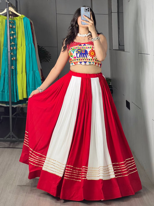 Red & White Rayon Cotton Navratri Chaniya Choli - Gota Patti Kali Work with Embroidered Mirror Blouse