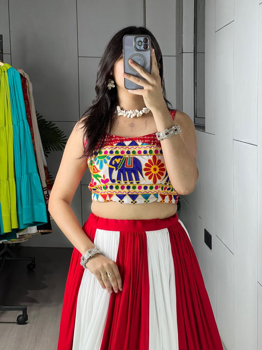 Red & White Rayon Cotton Navratri Chaniya Choli - Gota Patti Kali Work with Embroidered Mirror Blouse