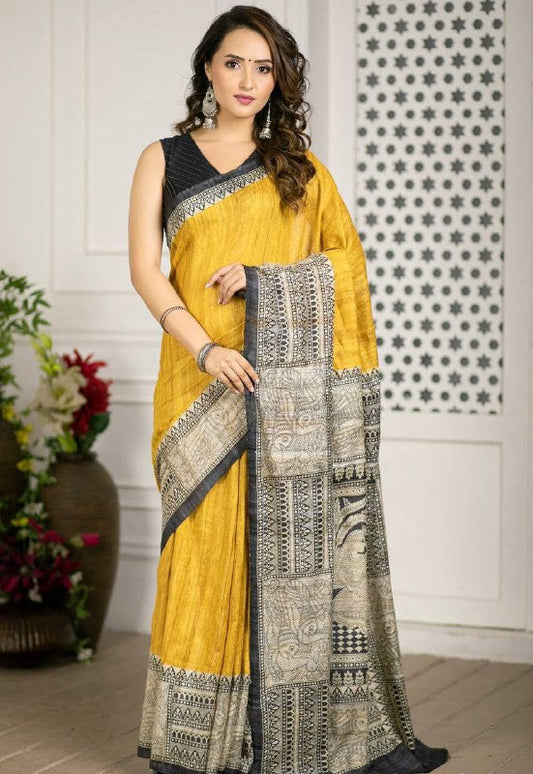 Yellow Linen Cotton Prited Classic Madhubani Saree
