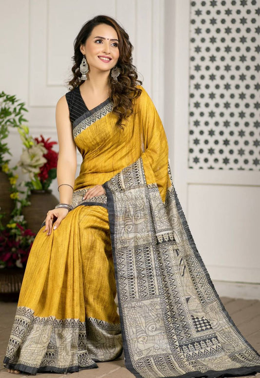 Yellow Linen Cotton Prited Classic Madhubani Saree
