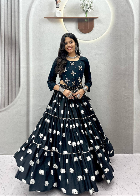 Black Pure Cotton Navratri Chaniya Choli - Real Kodi Hand Work with Elephant Print & Latkans