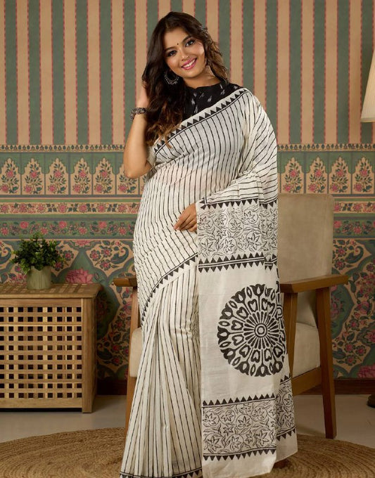 Off White Premium Lilan Cotton Beautiful Digital Print With Stylish Latkan Saree