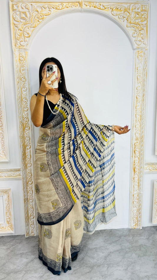 Off White Premium Lilan Cotton Multicolor Geometric Pallu Saree