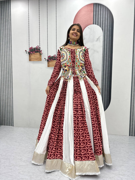 Maroon Pure Cotton Gamthi Work Navratri Chaniya Choli with Embroidered Koti & Elephant Print