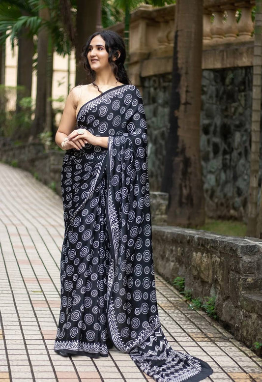 Black Premium Lilan Cotton Digital Print Saree