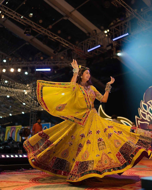 Yellow Navratri Lehenga Choli - Heavy Muslin Cotton Digital Print with Real Mirror Work