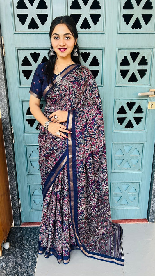 Classic Navy Blue Mul Mul Cotton Silk Print Lightweight Saree