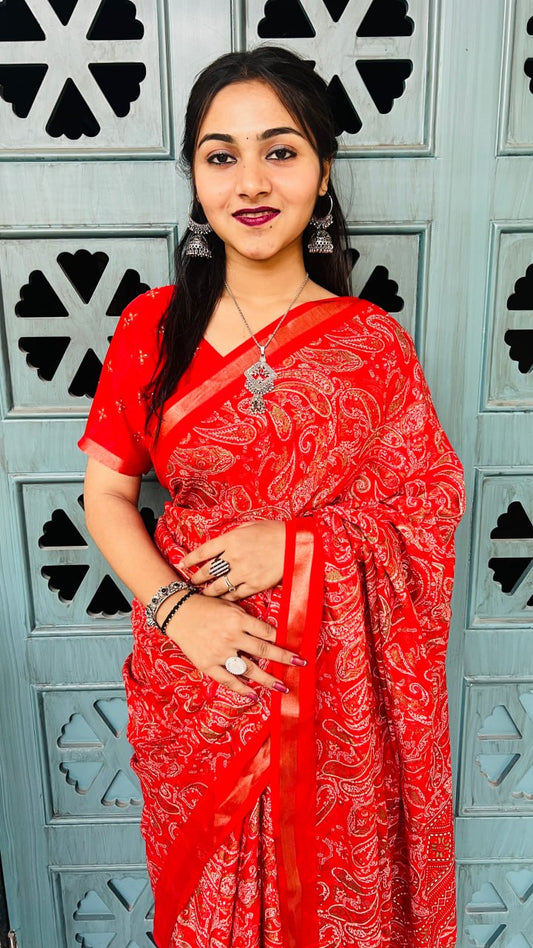 Vibrant Cherry Red Mul Mul Cotton Silk Print Lightweight Saree