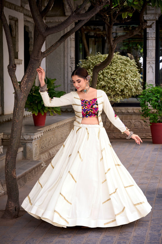 White Pure Rayon Original Mirror Gamthi Work Navratri Lehenga Choli