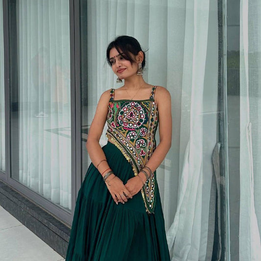 Green  Rayon Real Mirror Work Navratri Lehenga Choli