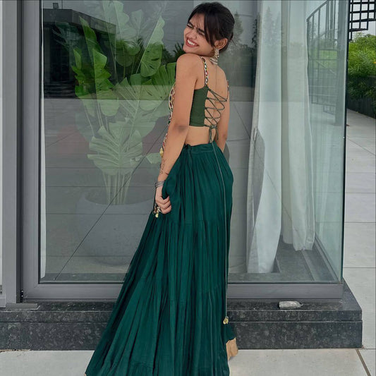 Green  Rayon Real Mirror Work Navratri Lehenga Choli