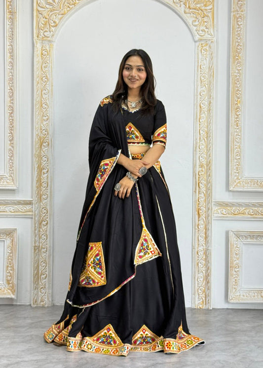 Black Heavy Rayon Cotton Navratri Chaniya Choli - Multicolour Mirror & Patch Work Border with Dupatta