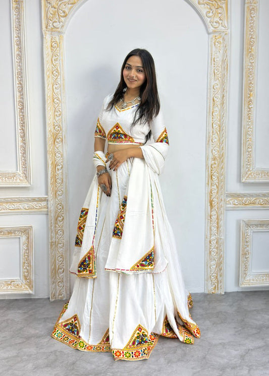 White Heavy Rayon Cotton Navratri Chaniya Choli - Multicolour Mirror & Patch Work Border with Dupatta