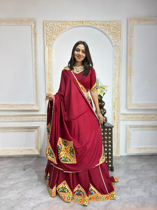 Maroon Heavy Rayon Cotton Navratri Chaniya Choli - Multicolour Mirror & Patch Work Border with Dupatta