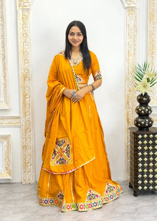 Mustard Yellow Heavy Rayon Cotton Navratri Chaniya Choli - Multicolour Mirror & Patch Work Border with Dupatta