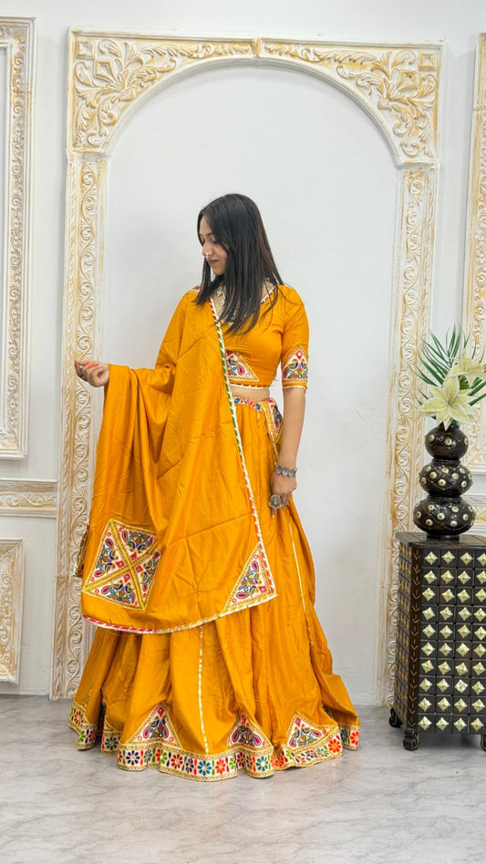 Mustard Yellow Heavy Rayon Cotton Navratri Chaniya Choli - Multicolour Mirror & Patch Work Border with Dupatta