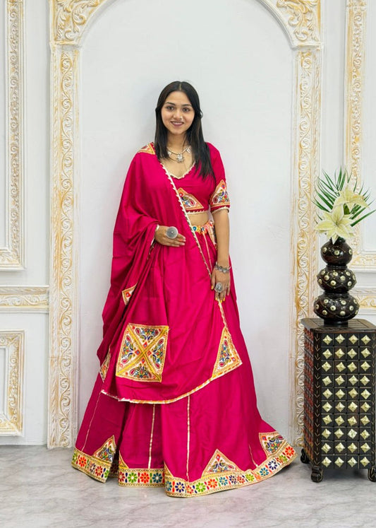 Rani Pink Heavy Rayon Cotton Navratri Chaniya Choli - Multicolour Mirror & Patch Work Border with Dupatta