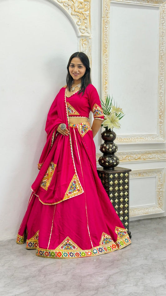 Rani Pink Heavy Rayon Cotton Navratri Chaniya Choli - Multicolour Mirror & Patch Work Border with Dupatta