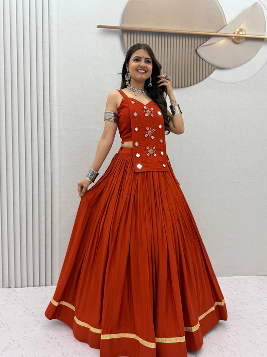 Rust Orange Pure Cotton Navratri Lehenga Choli - Real Kodi & Mirror Hand Work | Ready to Wear