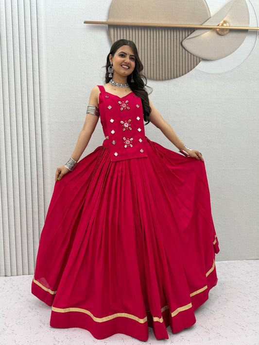 Rani Pink Pure Cotton Navratri Lehenga Choli - Real Kodi & Mirror Work | Ready to Wear