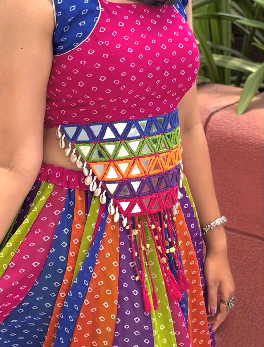 Multicolour Rainbow Bandhani Georgette Cotton Navratri Chaniya Choli with Mirror Kandora Belt | Ready to Wear