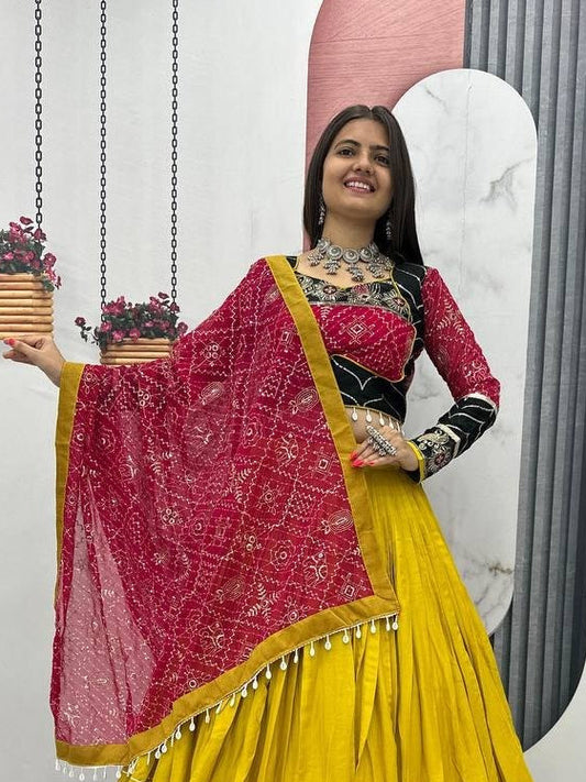 Yellow & Black Rayon Cotton Navratri Chaniya Choli - Mirror & Thread Work with Bandhani Dupatta | Ready to Wear