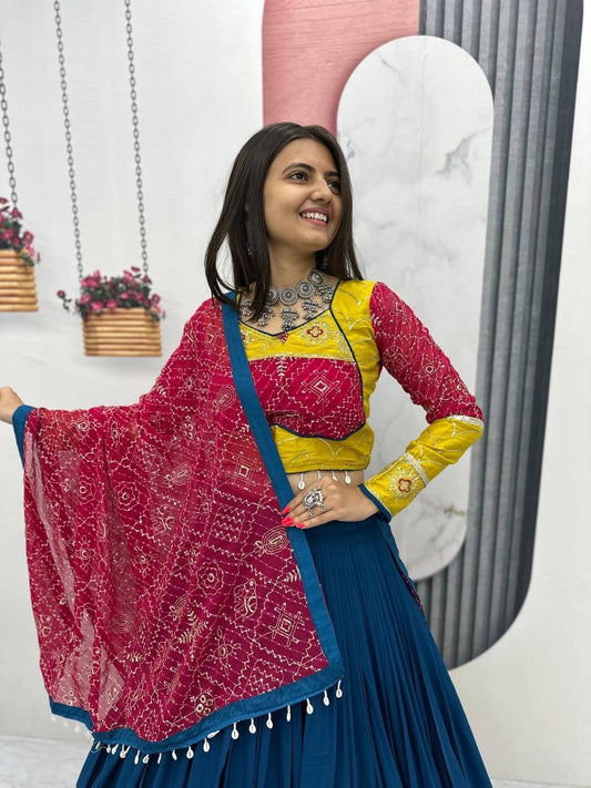 Teal Blue & Yellow Rayon Cotton Navratri Chaniya Choli - Mirror & Thread Work with Bandhani Dupatta | Ready to Wear