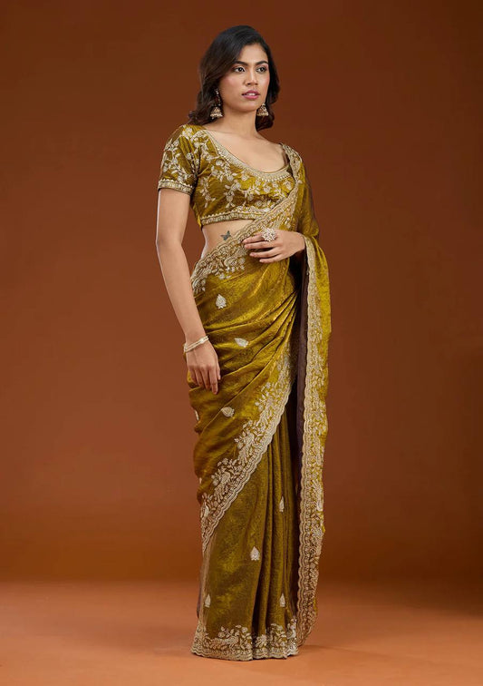 Mehandi Chiffon Silk Beautiful Sequence And Zari Embroidery Work Saree