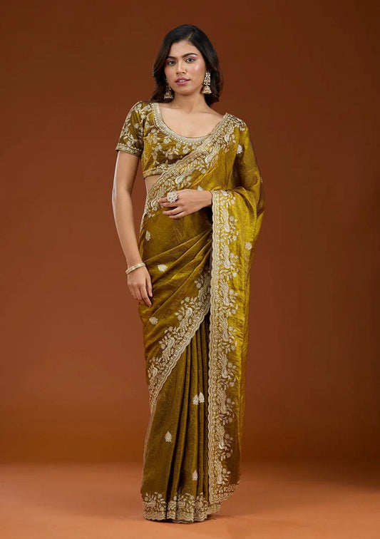 Mehandi Chiffon Silk Beautiful Sequence And Zari Embroidery Work Saree