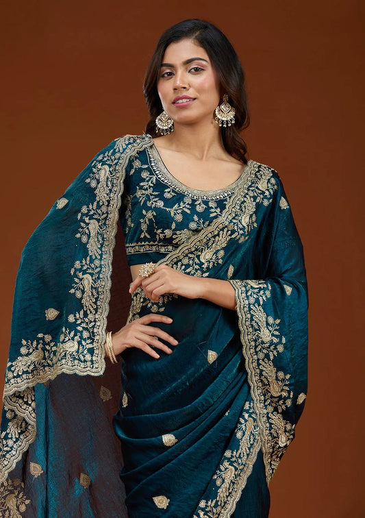 Rama Chiffon Silk Beautiful Sequence And Zari Embroidery Work Saree