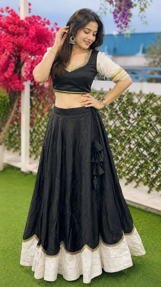 Black & White Pure Rayon Navratri Lehenga Choli with Sequins Lace for Women