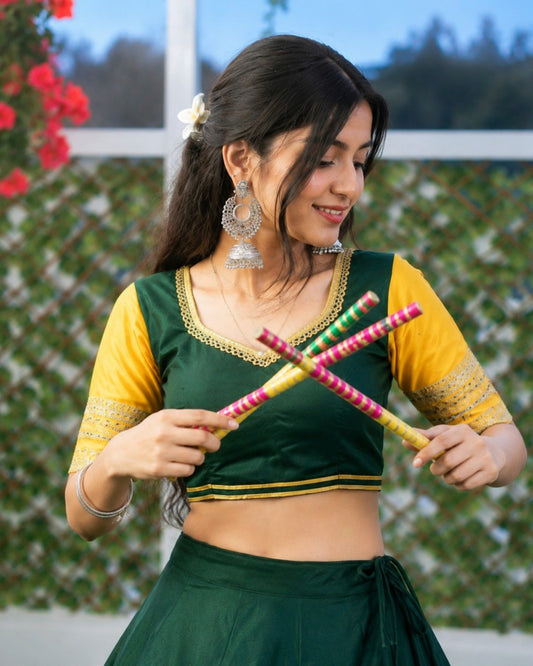 Bottle Green & Yellow Pure Rayon Navratri Lehenga Choli - Sequins Lace with Scalloped Border