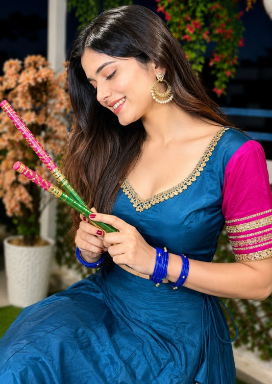 Teal Blue & Rani Pink Pure Rayon Navratri Lehenga Choli - Sequins Lace with Scalloped Border
