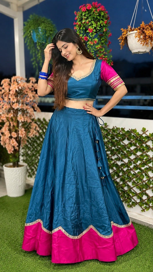 Teal Blue & Rani Pink Pure Rayon Navratri Lehenga Choli - Sequins Lace with Scalloped Border