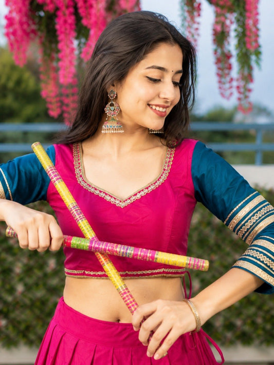 Rani Pink & Teal Blue Pure Rayon Navratri Lehenga Choli - Sequins Lace with Scalloped Border