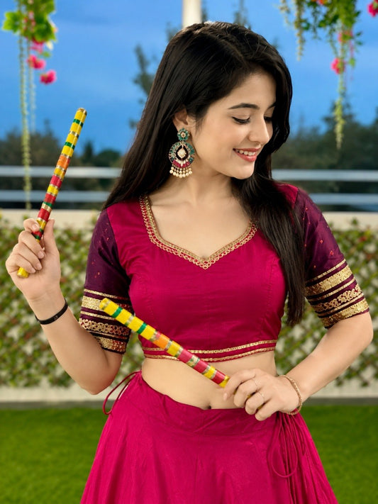 Rani Pink & Wine Pure Rayon Navratri Lehenga Choli - Sequins Lace with Scalloped Border