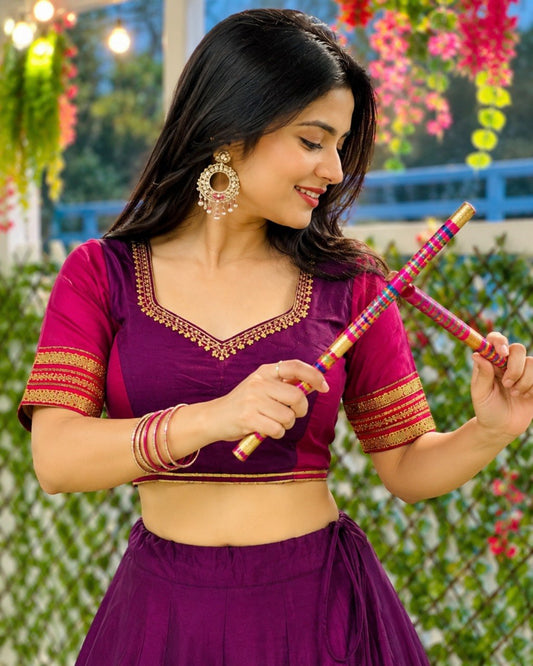 Purple & Rani Pink Pure Rayon Navratri Lehenga Choli - Sequins Lace with Scalloped Border