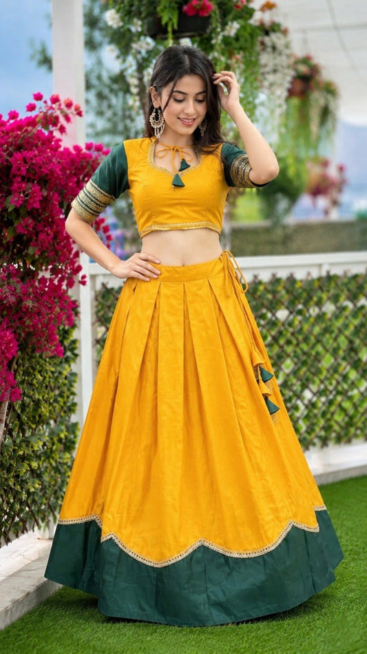Mustard Yellow & Green Pure Rayon Navratri Lehenga Choli - Sequins Lace with Scalloped Border