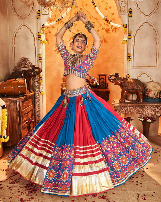 Pink & Blue Navratri Chaniya Choli - Heavy Muslin Cotton with Kutchi Mirror Work & Digital Print