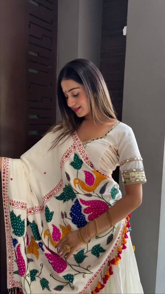 White Cotton Embroidery With Mirror Work Embroidery With Mirror Work Navratri Lehenga Choli