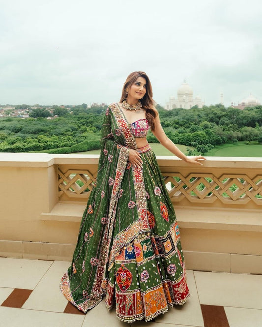 Green Beautiful Digital Print Real Mirror Work Navratri Lehenga Choli