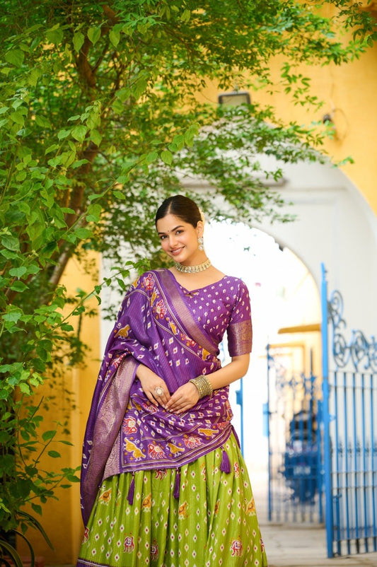 Mehendi Green Lichi Silk Lehenga – Traditional Jacquard Border & Jari Lining with Ethnic Designer Print Set