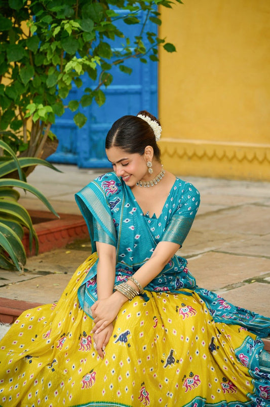 Yellow Lichi Silk Lehenga – Traditional Jacquard Border & Jari Lining with Ethnic Designer Print Set