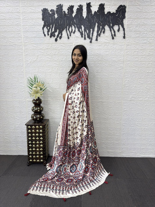 Ajrakh Real Mirror Modal Silk Saree With Blouse