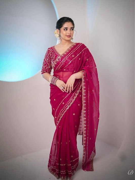 Pink Sequance And Zari Embroidery Work Gold Designer Saree