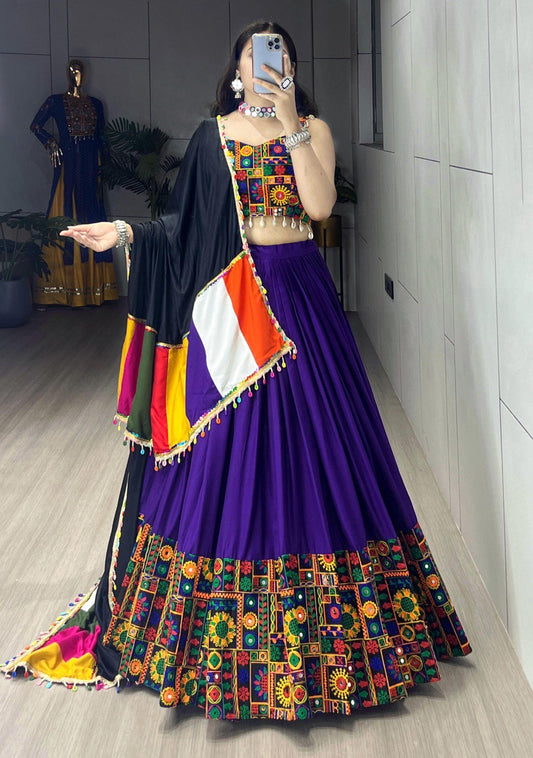 Purple Pure Rayon Cotton Navratri Lehenga – Real Mirror Work with Traditional Gamthi Design Patta Border