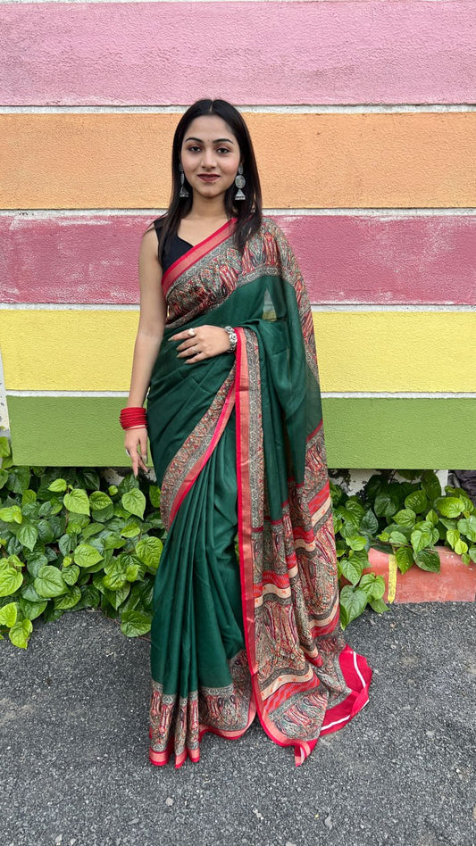 Green Soft Mal Mal Cotton Elegant Contrast Woven Border Saree