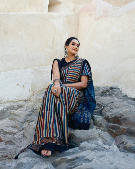 Black Semi Gajji  Ajrakh Rich Pallu With Contrast Blouse Saree